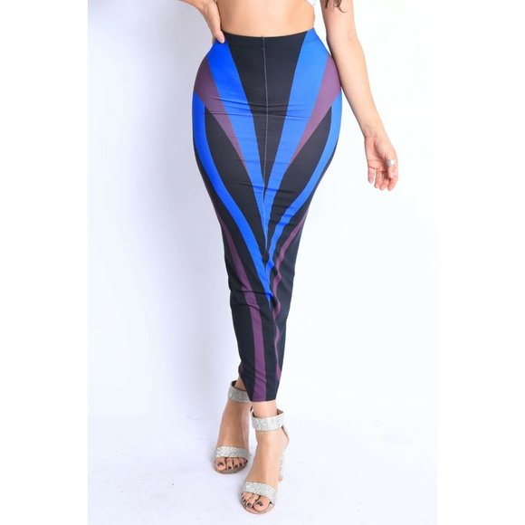 Women's Geo Printed Elastic High Waist Stretch Bodycon Maxi Pencil Skirt S,M,L - Picture 5 of 5